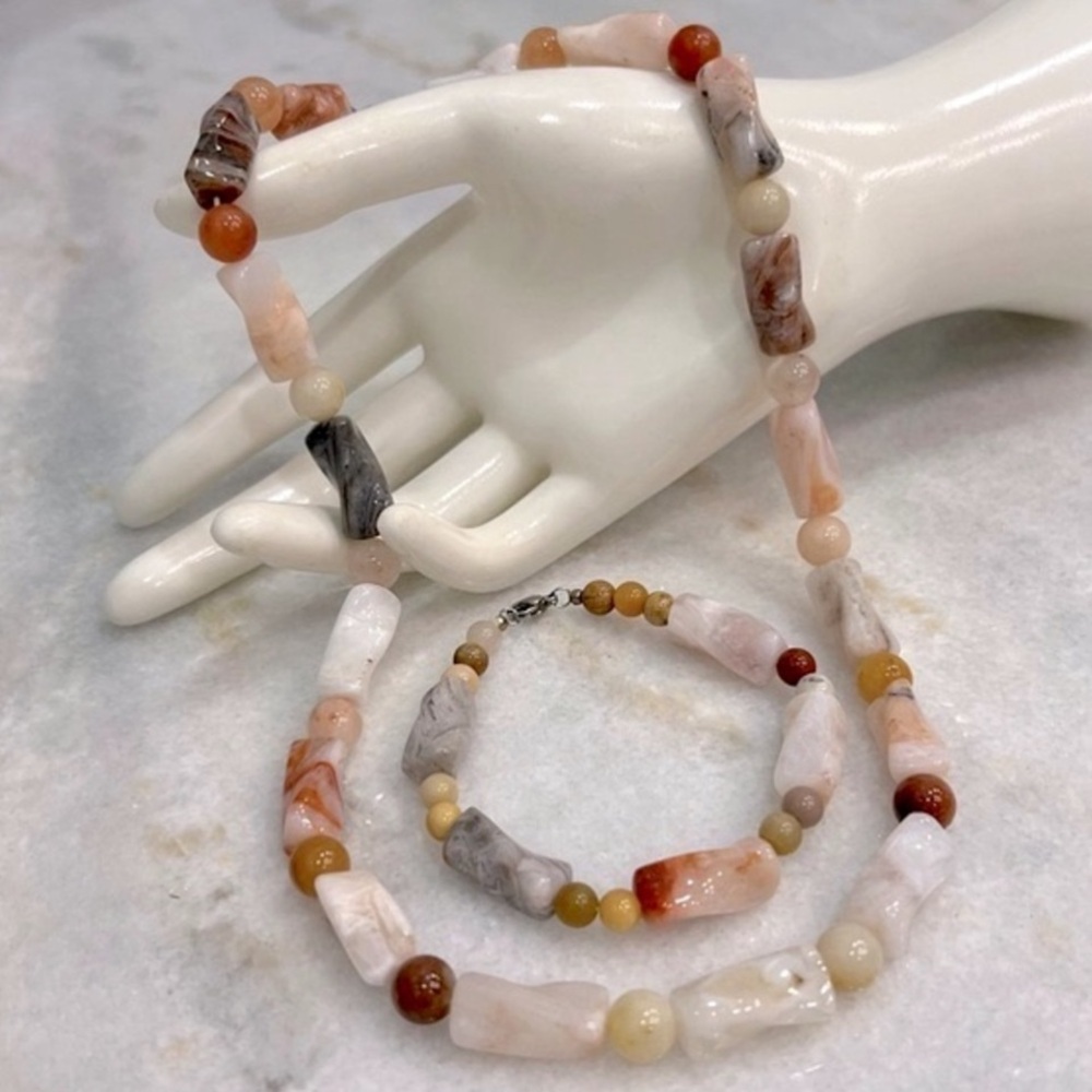 Multicolor Agate and Honey Quartz Beaded Silver Necklace and Bracelet Set